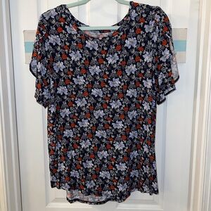 Loft Navy Floral Print Top Petal Sleeves Sz XL